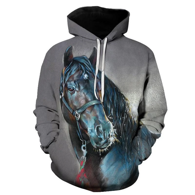 Fashion Horse Pattern Mens Hoodie Spring Autumn Casual Long Sleeve Vintage 3D Animal Printed Hoodies Loose Streetwear Sweatshirt