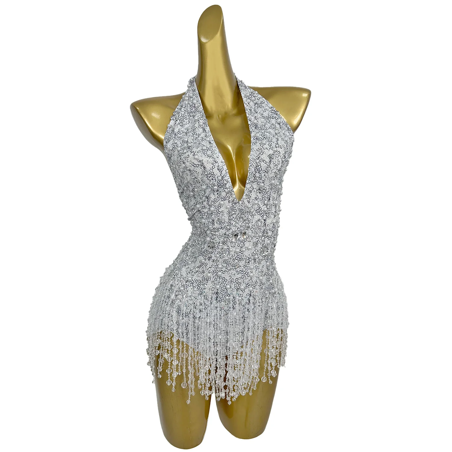 

Sexy V-neck Dress Shiny Pearl Crystal Chain Short Skirt Beach Pool Party Skirt Nightclub Club Carnival Women's Clothing bingzhui