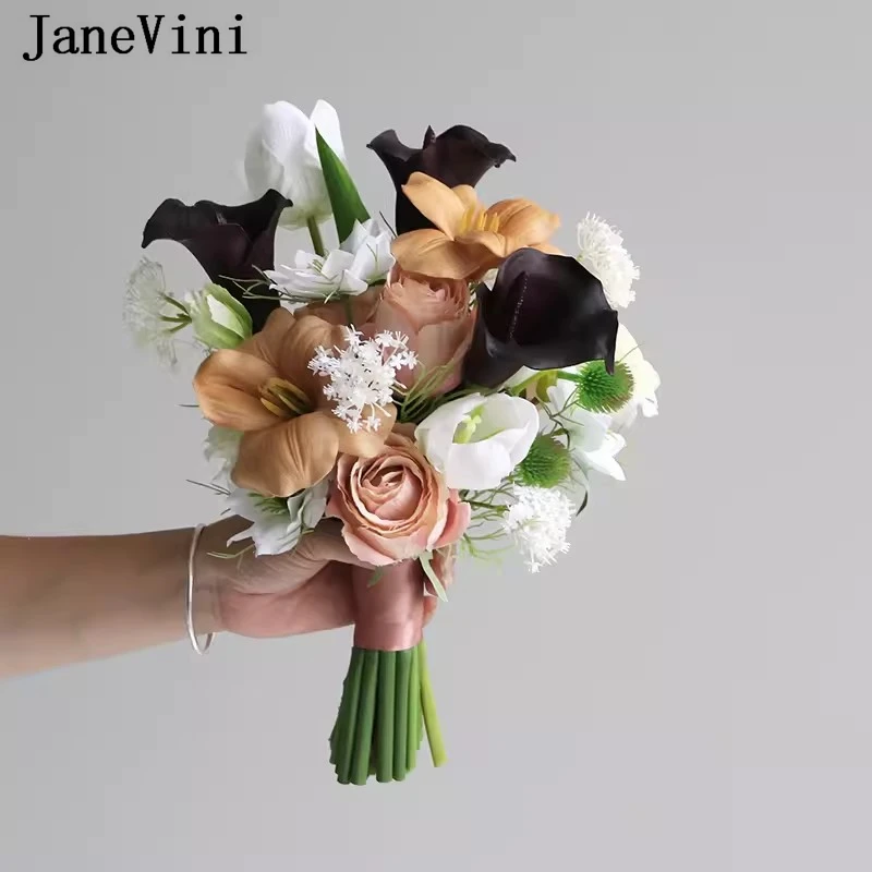 JaneVini 2024 Vintage Khaki European Bridal Bouquets Artificial Silk Roses Flowers Hydrangea Bouquet Bride Wedding Accessories