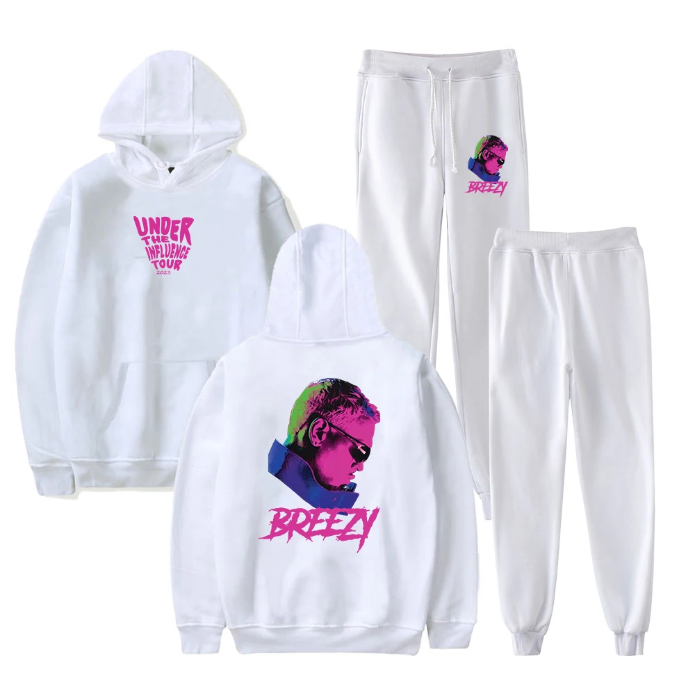 Chris Brown Merch Under The Influence Tour 2023 Breezy Hoodie Jogger Pants Two Piece Set Sweatshirts+Sweatpants Women Men's Sets