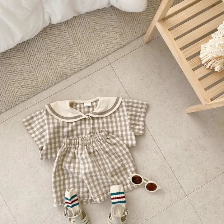 2024 Summer Baby Sports Casual Outfits Boy Girl Infant Plaid Cotton Navy Collar Long Sleeve Tops+Shorts 2pcs Newborn T-shirt Set