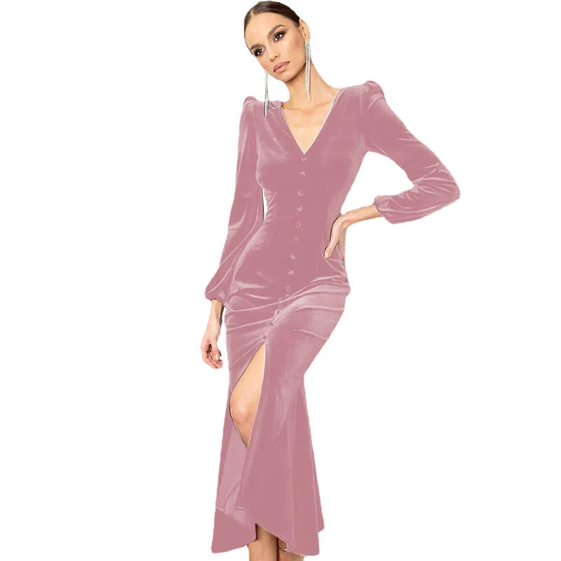 Autumn Winter Knitted V-neck Shoulder Padded Long-sleeved Dress Autumn Women's Clothing Intellectual Temperament Long Dress