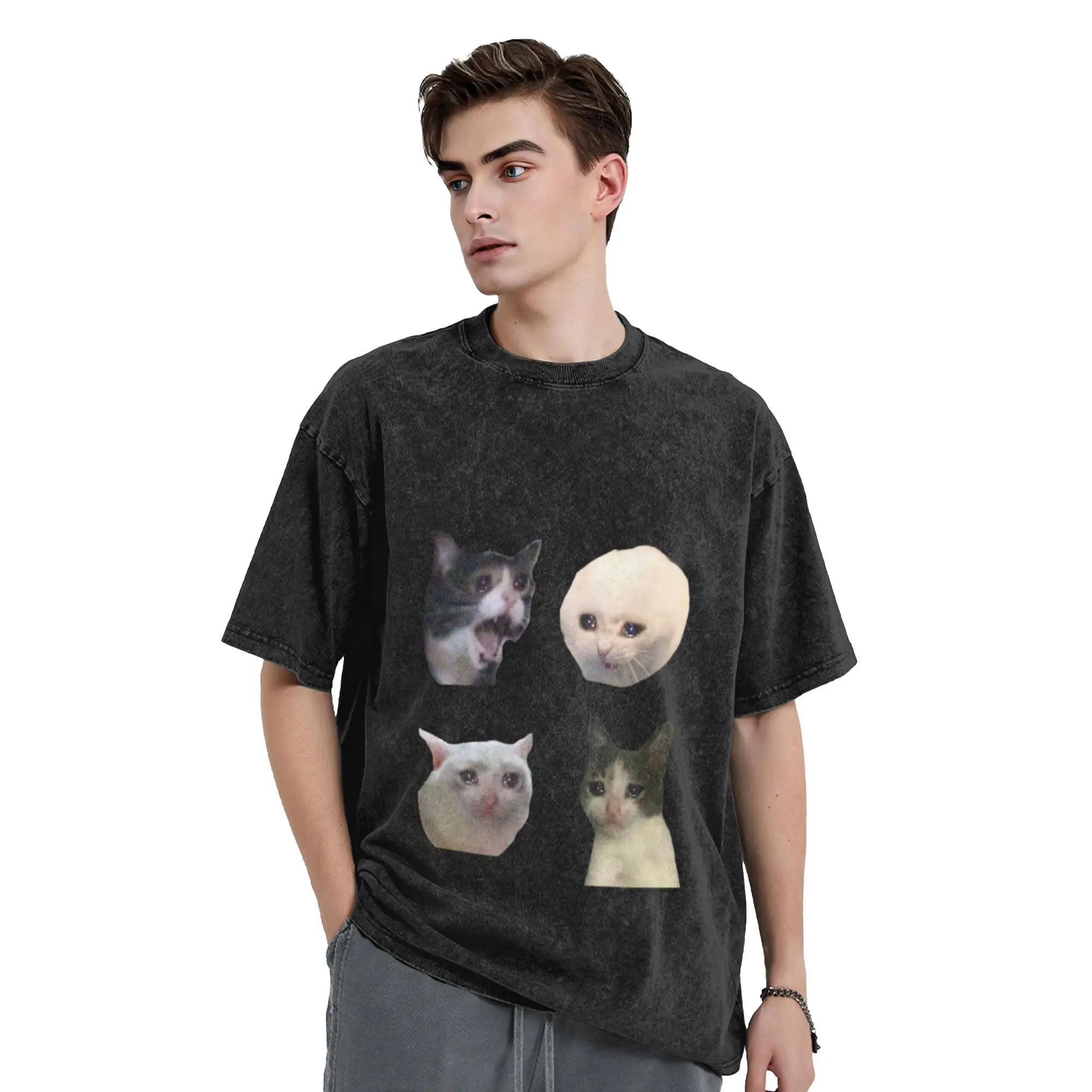 Crying Meme Cats Sticker Pack Classic Chic A T-Shirt Oversized Short Sleeve Men's Women's Cotton Tees Tops