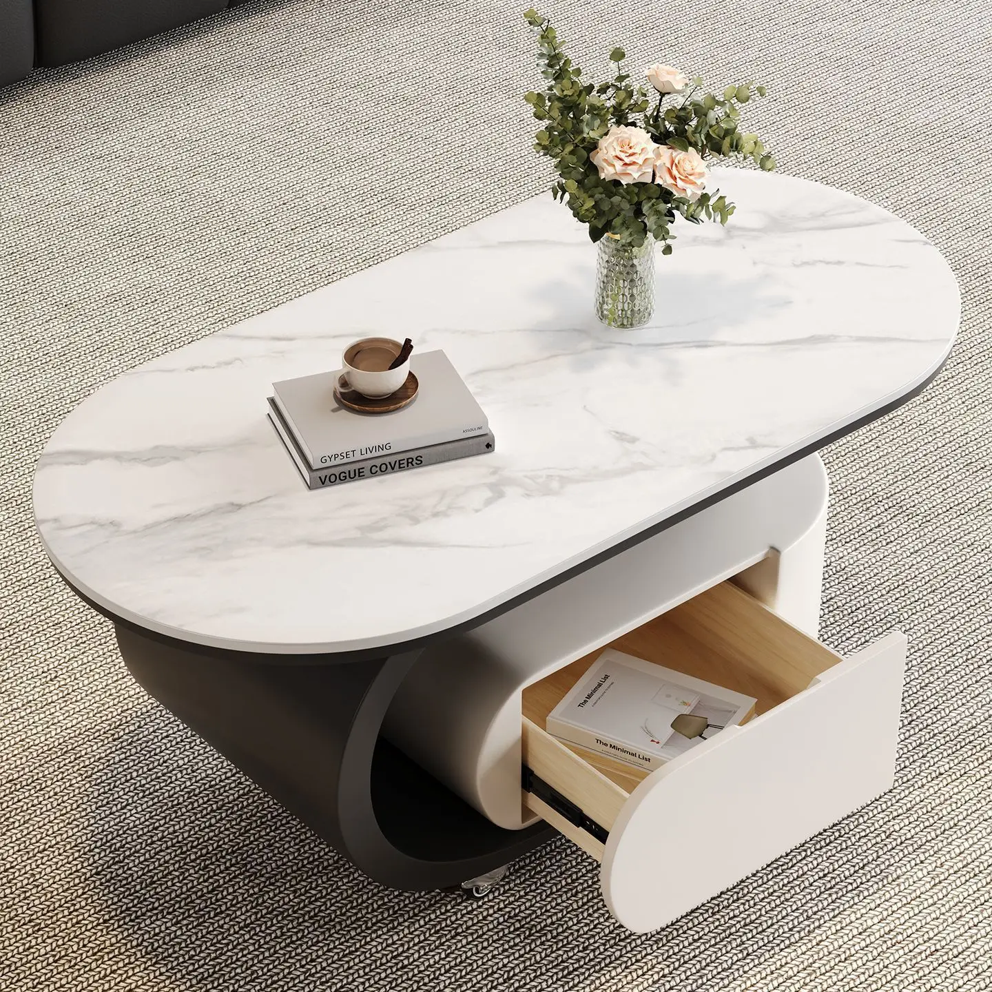 

2026 new modern simple rock slab coffee table movable trolley light luxury small apartment living room coffee table combination