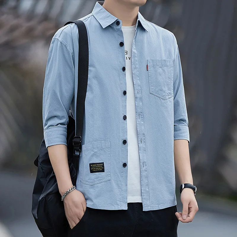 

Summer 2025 Men's Loose Fit Short Sleeve Shirt Workwear Style Seven-Quarter Length Fashionable Versatile Men's Outerwear Top