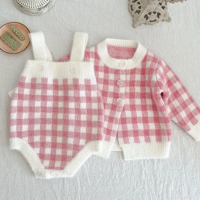 Spring Autumn Infant Baby Girl Knitting Clothes Set Long Sleeve Cardigan Coat+Jumpsuit Toddler Baby Girl Knitting Clothing Set