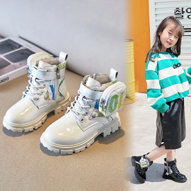 Girls' Fashion Short Boots 2023 Autumn/Winter New Kid's Single Boots  Princess Short Boots Black Flat Bottom Leather ShoesBoots