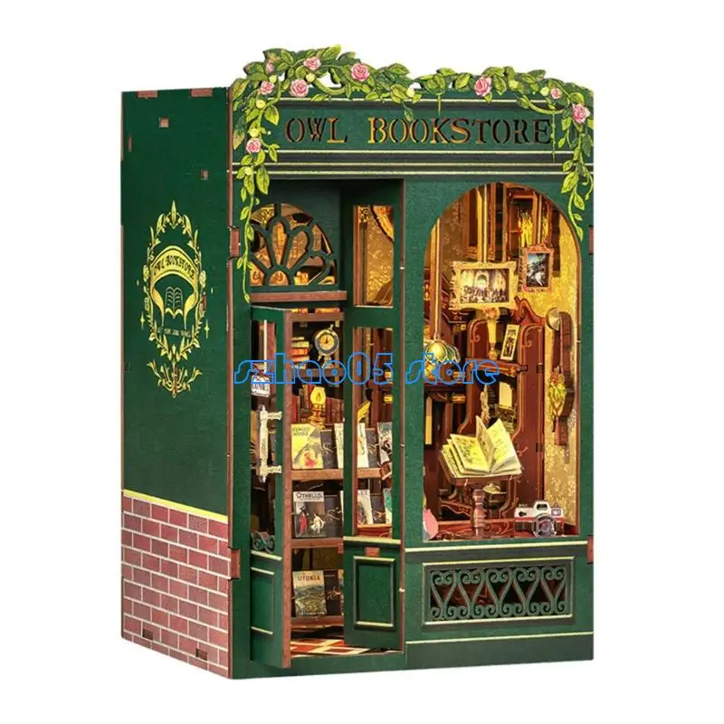 

85LE Artistic Wooden Bookstore Dollhouses Kits Craft Project Touch Control Lamp Decoration for Adult Kids Creative Gift