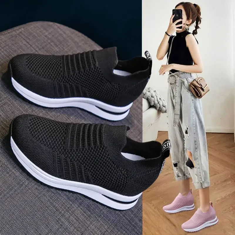 

2023 New Height-increasing Lace Up Chunky Female Casual Flats Shoe New Women White Sock Shoes Platform Sneakers Breathable Mesh