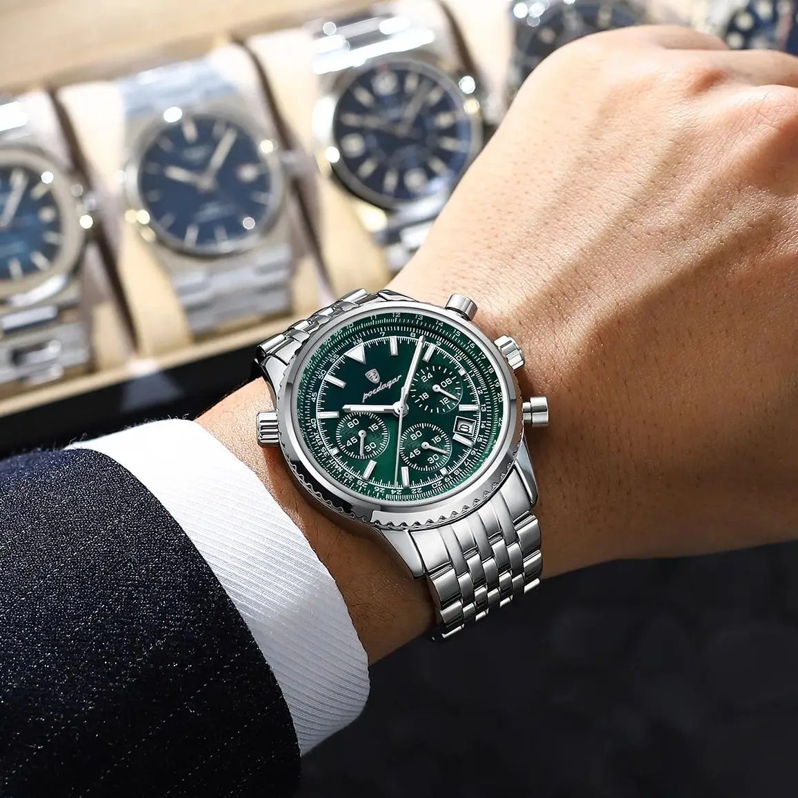 POEDAGAR ساعة كوارتز رجالية فاخرة مقاوم للماء مضيئة تاريخ كرونوغراف رجل ساعة الفولاذ المقاوم للصدأ الساعات العسكرية للرجال reloj