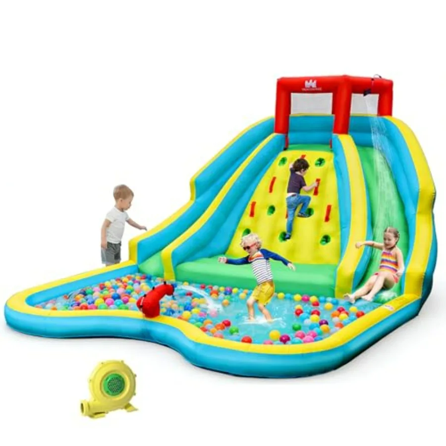 Outdoor inflatable water slide park with double slides, climbing wall, and bouncy castle in blue and yellow; durable PVC materi