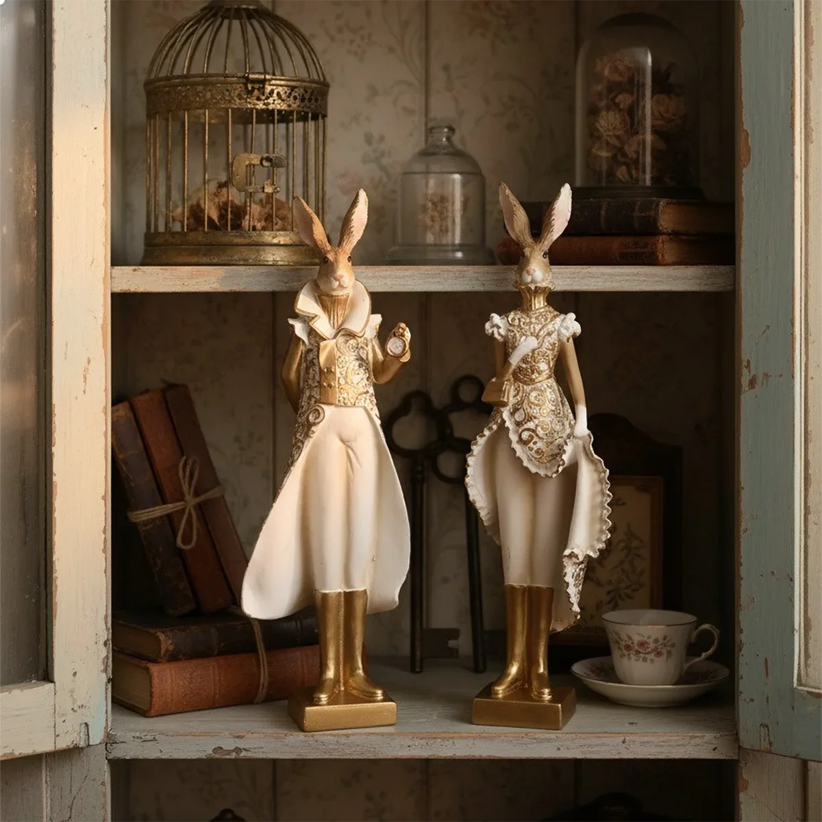 Resin Wonderland Rabbit Sculpture - Elegant Gold&White, 32.5cm, Lightweight, Fantasy Decor for Display Cabinet/Shelf