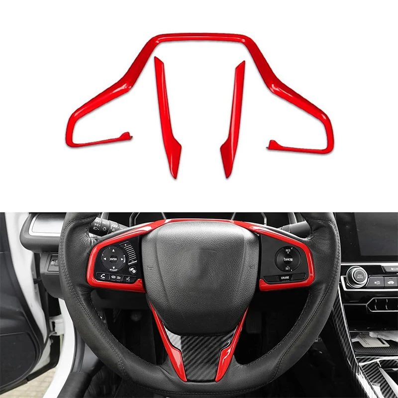 

3Pcs/set Red Car Interior Decaration Sticker Steering Wheel Trim ABS for Honda Civic 10th 2016 2017 2018 2019 2020 2021