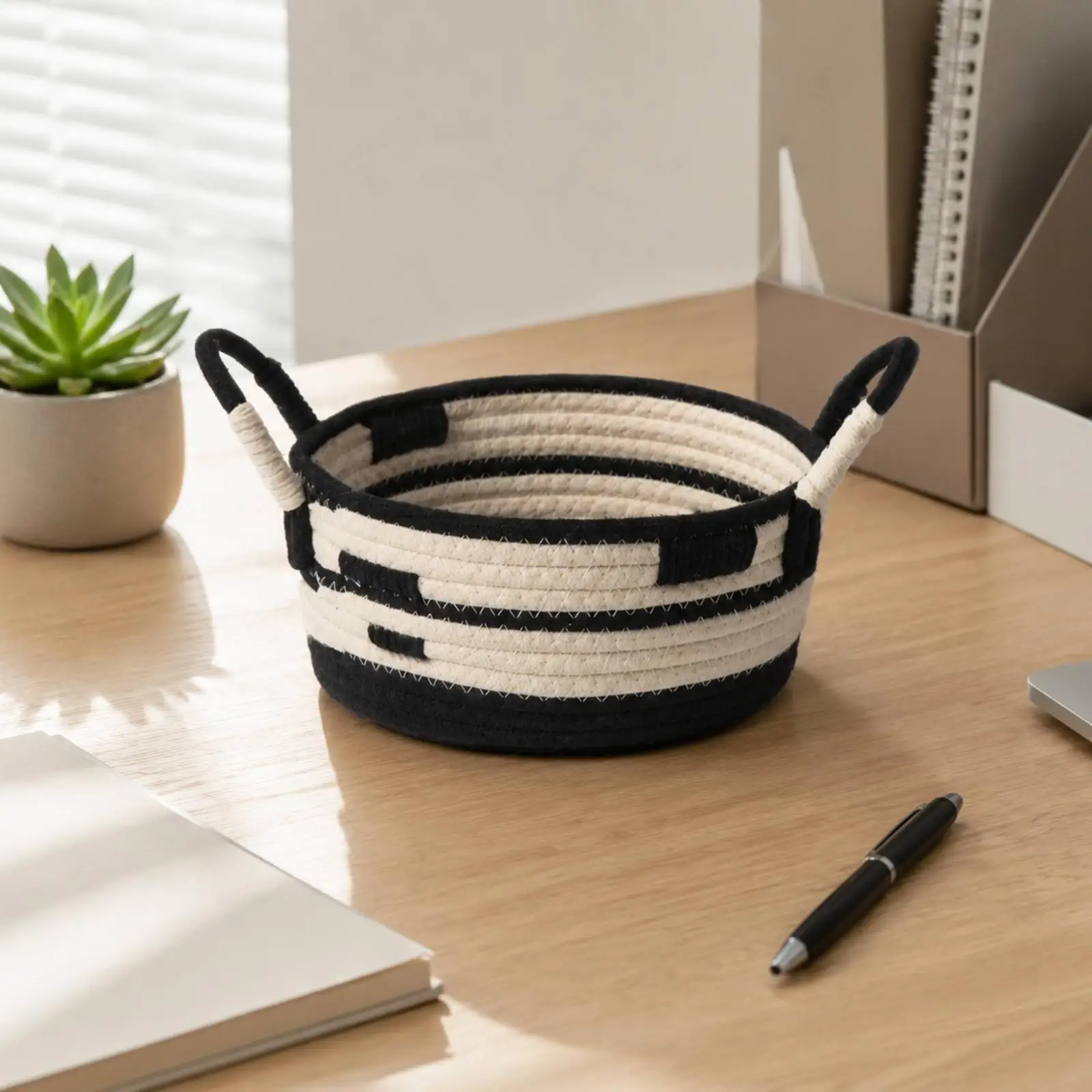 Coiled Cotton Rope Basket Open Top with Handles for Living Room Family Room Tidy