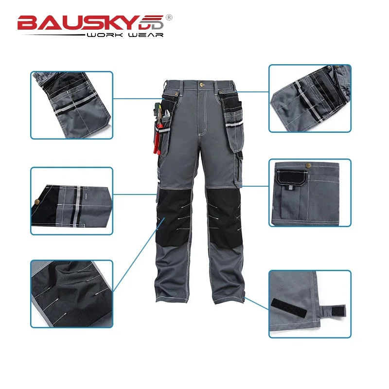 Work Wear Men\'s Safety Clothing Pants Trousers Multi-function Tool Pockets 100% Cotton Mechanic Pants with Knee Pads