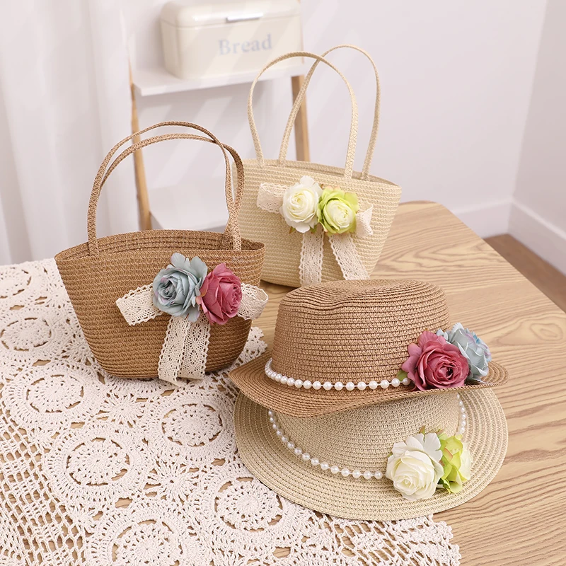 French Elegant Retro Summer Straw Hat Bag Set for Women and Girls Pearl Floral Hat Mom Kid Holiday Outdoor Travel Beach Sun Hat