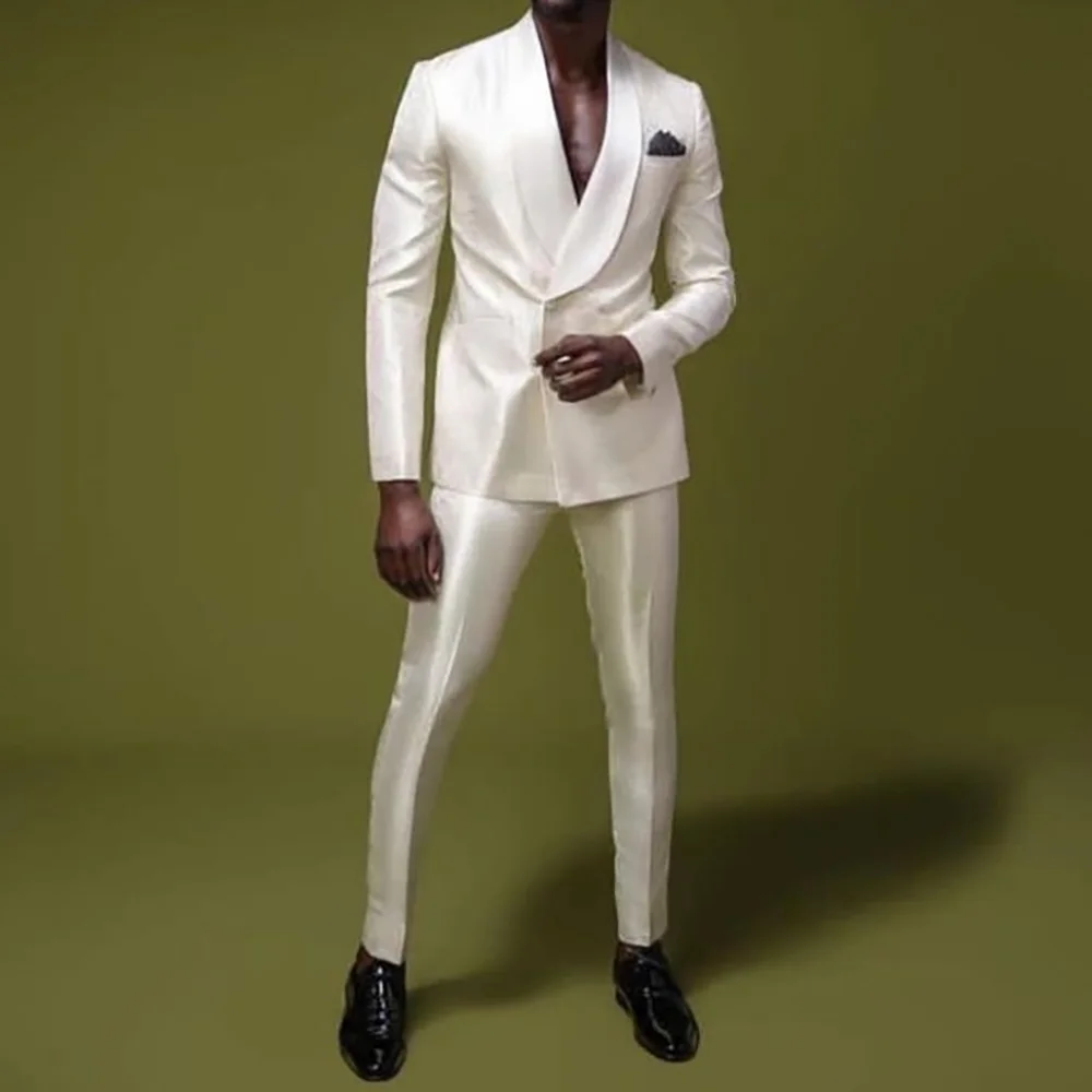 

White Satin Men's Suit Slim Fit Outfits Wedding Groom Tuxedo Dinner Party Blazer Pants Luxry Banquet Custom