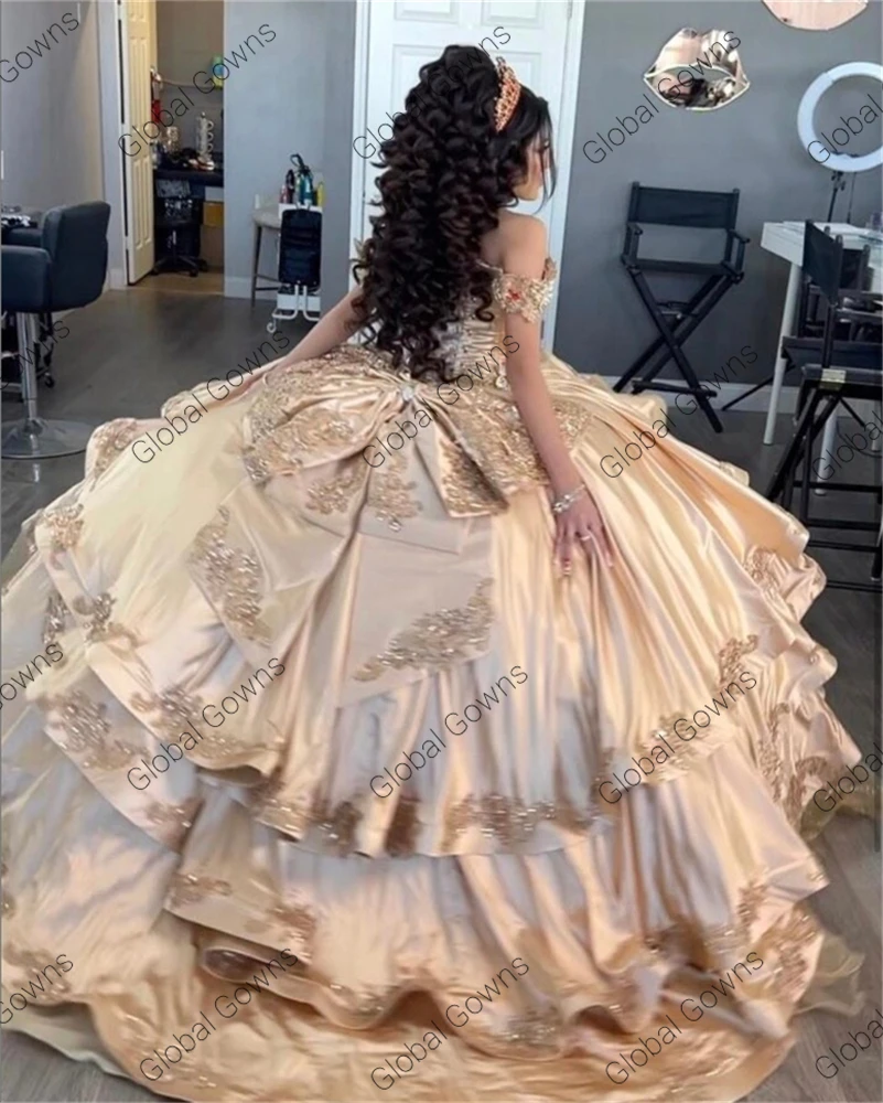 Vestidos De quinceañera con cuentas De flores 3d champán, apliques escalonados, vestido De graduación con lazo, 15 Años, dulce 16, 2024