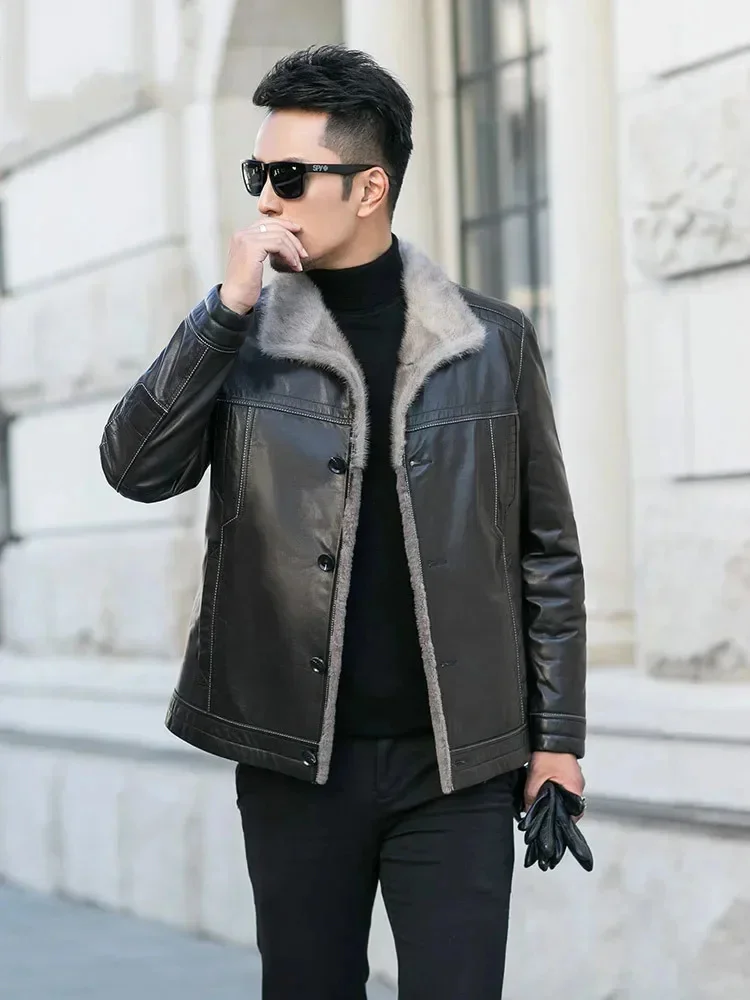 AYUNSUE Winter Genuine Leather Jacket Men 100% Goatskin Coat Wool Fur Lining Plus Size Mink Collar JM-31-E739 KJ3844