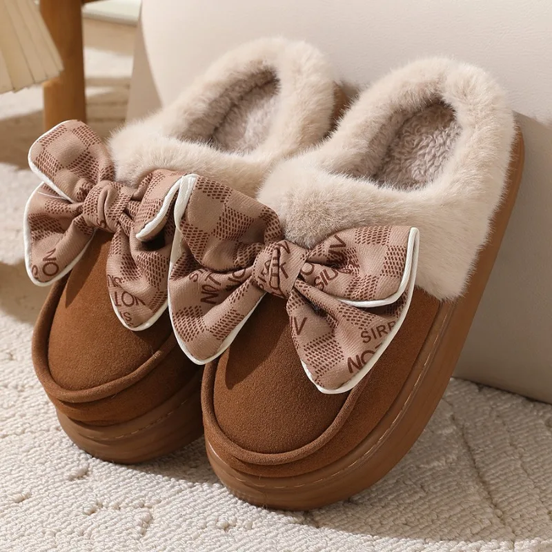 Trendy Cotton Slippers 2024 New Design with Butterfly Bow Decoration for Indoor Warmth Anti Slip Thick Soled Women's Slippers