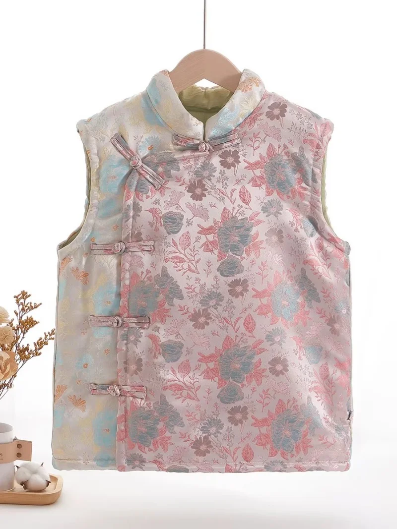 

New Chinese Style Cotton Vest, Tang Suit-Inspired Quilted Waistcoat for Women, Autumn Winter Thickened Buttoned Top w2324
