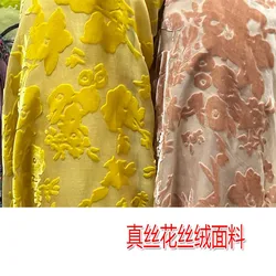 Micro Permeable Cheongsam Vestuário, tecido de veludo verdadeiro, seda bicho-da-seda, camisa floral, primavera e verão