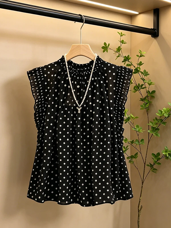 

Summer New plus Size Retro Casual Polka Dot Floral Lace Shirt Women's Fashion Top Skin Concealing Bubble Sleeve Breathable