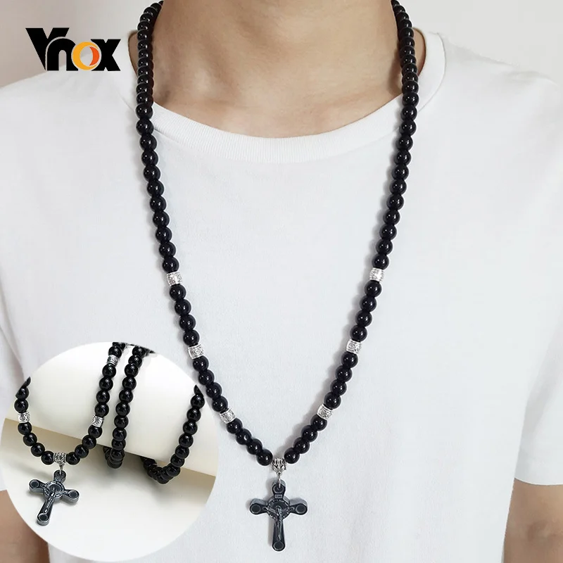 

Vnox Men's Black Carnelian Stone Rosary Beads Necklace Cross Crucifix Catholic Male Religious Prayer Jewelry