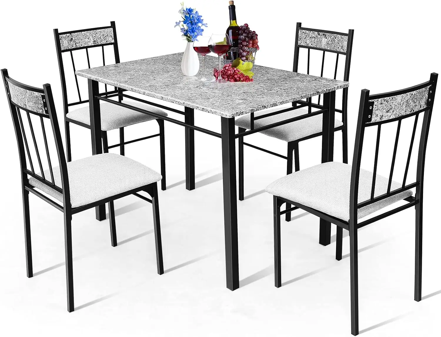 

5-Piece Marble Dining Set with Sponge Cushion, Modern Kitchen Table for Apartment, Restaurant, Cafe in Grey and Black