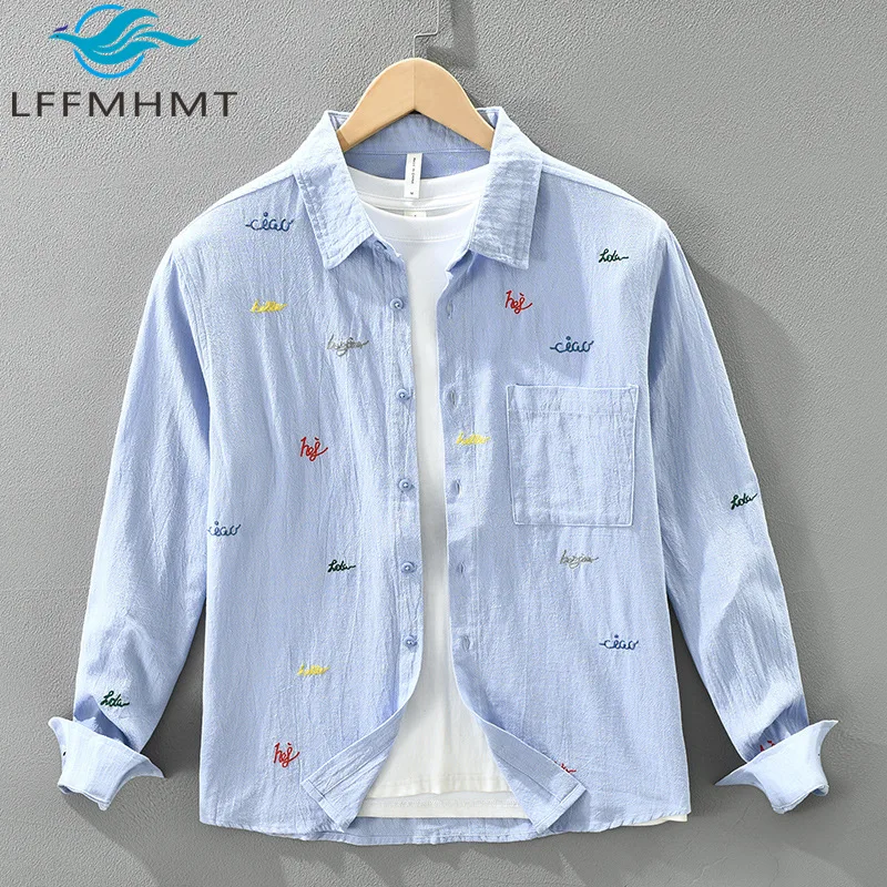 

7733 100% Cotton Japan Fresh Style Embroidery Men's Long Sleeve Shirt Spring Autumn Fashion Loose Casual Daily Blouse Tops Male