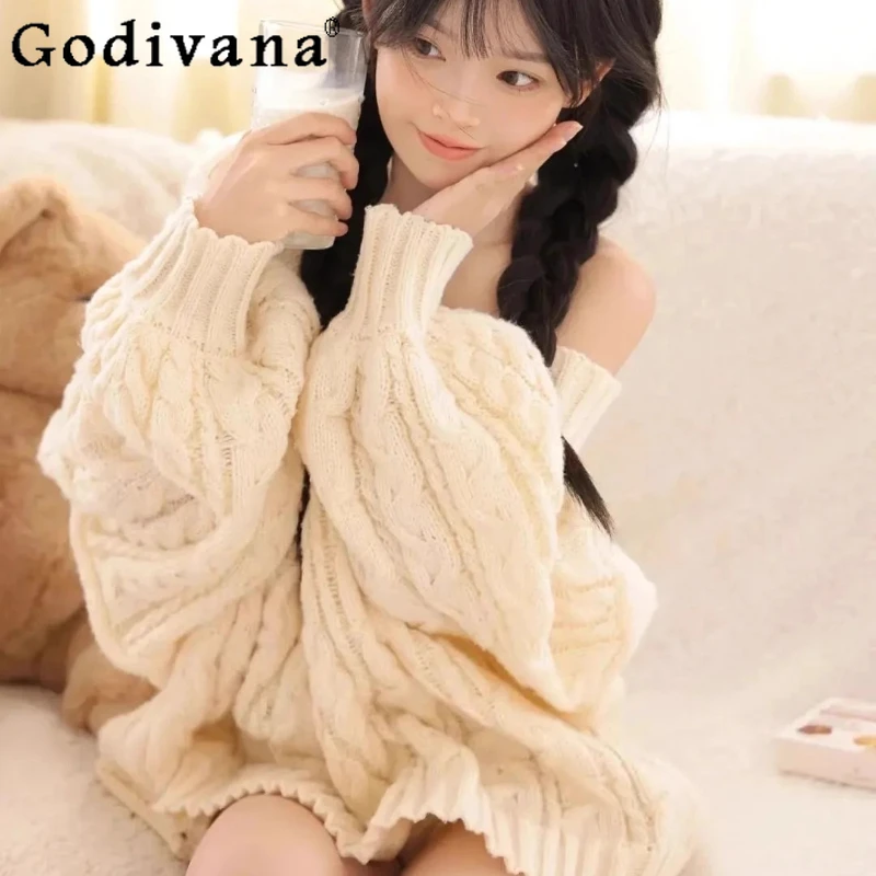 

Autumn Winter Thickened Twist Knitted Sweater Women's Mid Length New Loose Knit Pullover Female Japanese Style Sweet Sweater