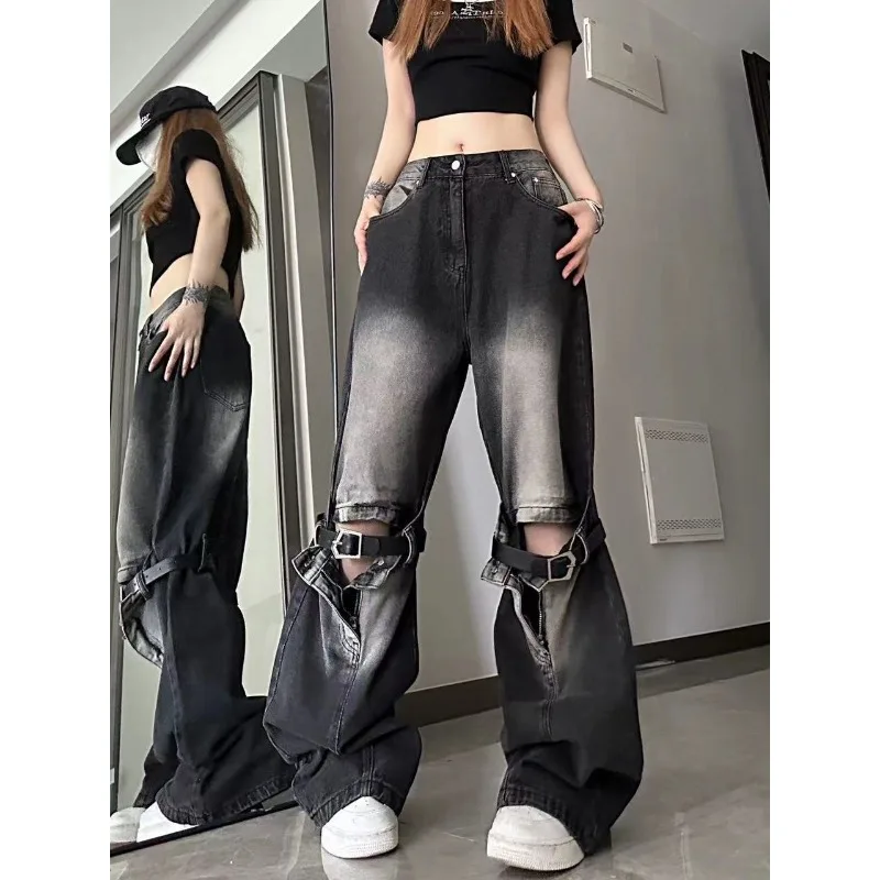 Deeptown y2k schwarz Vintage Loch Frauen Jeans Harajuku hohe Taille weites Bein Baggy Jeans hose Grunge Streetwear Hip Hop Hose