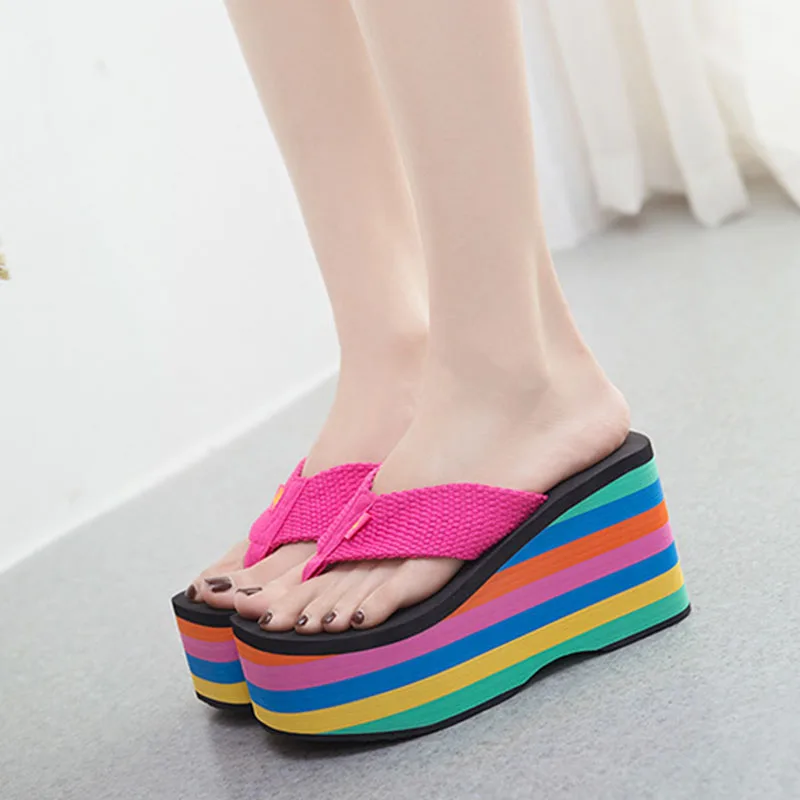 New Summer Women Slippers Rainbow Wedges Beach Flip Flops Ladies Outdoor 10CM High Heels Platform Slipper Fashaion Slides Shoes