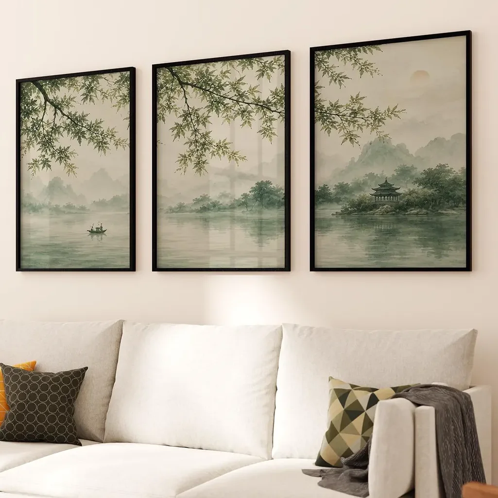 3-teiliges Japanisches Landschafts-Triptychon Wandkunst Asiatisches Natur-Poster Japandi-Stil Dekor Leinwandgemälde für Raumdekoration Heimdekoration
