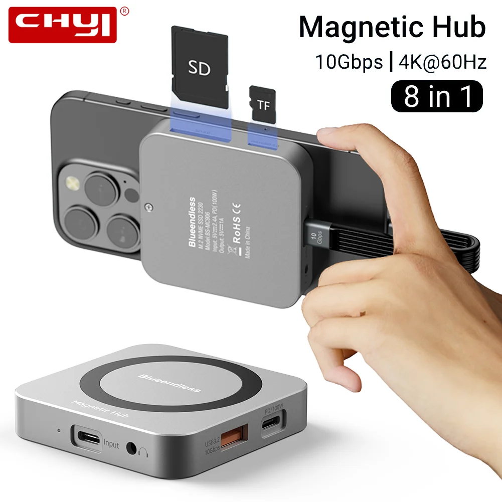 8 in 1 Magnetic Type-C Hub For M.2 NVMe 2230 Enclosure 4K 60Hz HD TV 100W PD USB 3.2 10Gbps Docking Station For Laptop Phone Mac