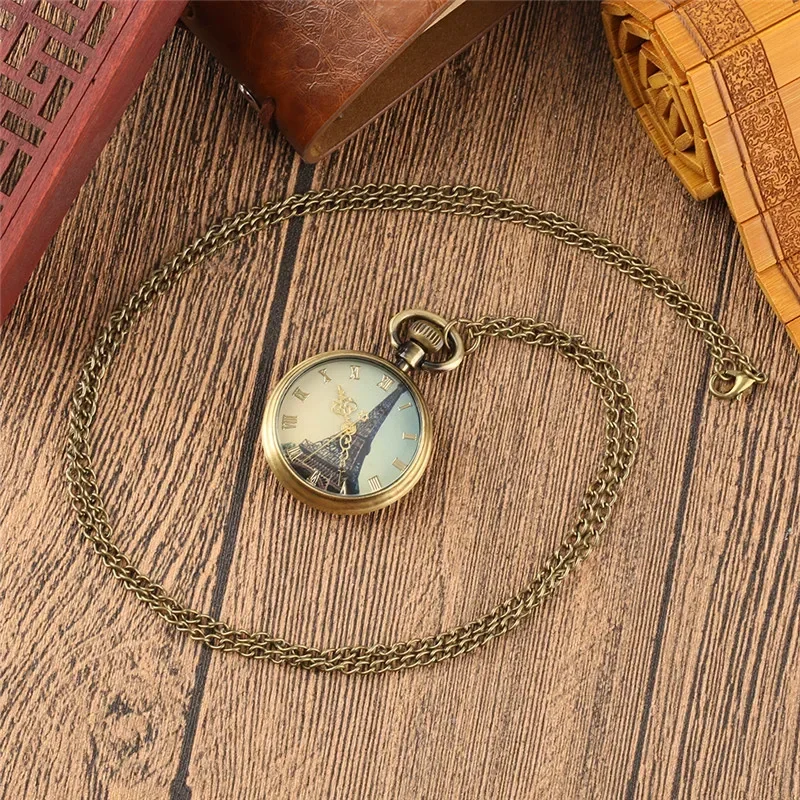 Retro Eiffel Tower Dial Men Women Quartz Pocket Watch Roman Numeral Watches Necklace Pendant Chain Clock Reloj de bolsillo