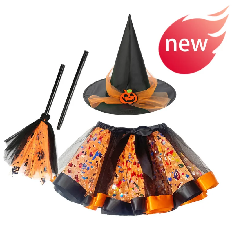 Baby Kids Printed Mesh tutu Skirt witch Hat Broom Puffy Girls Skirt three-piece Suit for Children's Halloween Clothing