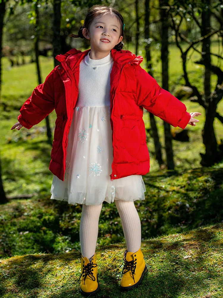 

90% White Duck Down Short Thick Parka Red Korea Style 2022 New Winter Kids Clothing Cute Sweet Heart Pocket 3T 8yrs Child Wear