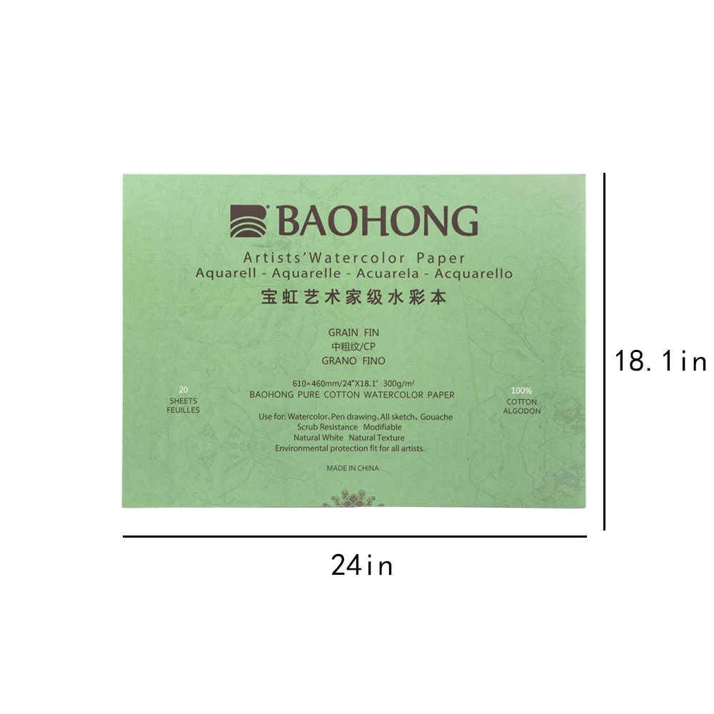 

BaoHong Artist Watercolor Paper Pad Cotton 100% Painting Paper Gouache Acrylic, Fountain pen Inkjet Pastel charcoal 460*610mm