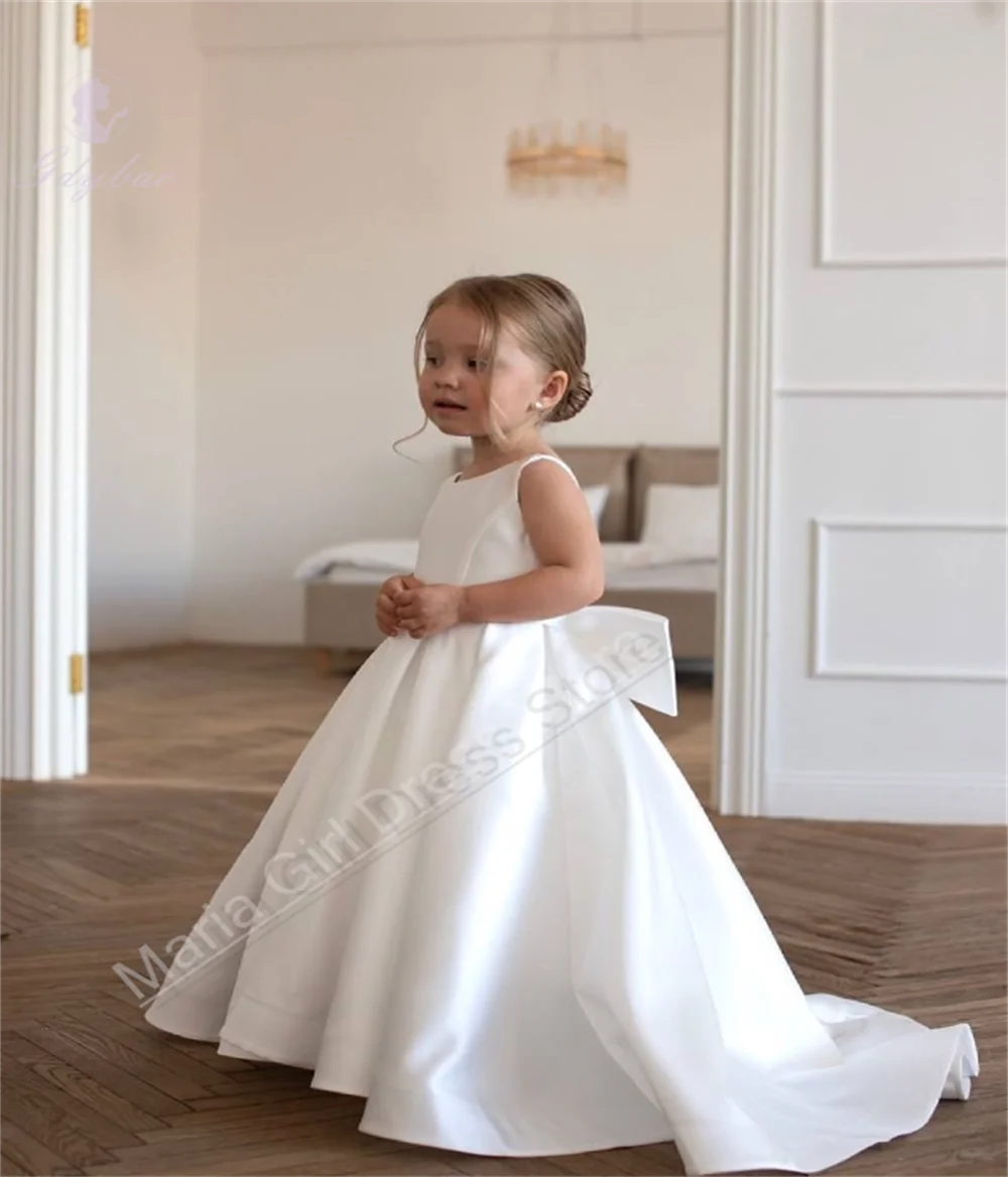 White New Cute Baby Girl Dress Birthday Puffy Satin Bow Trailing First Communion Party Bridesmaid Evening Dress