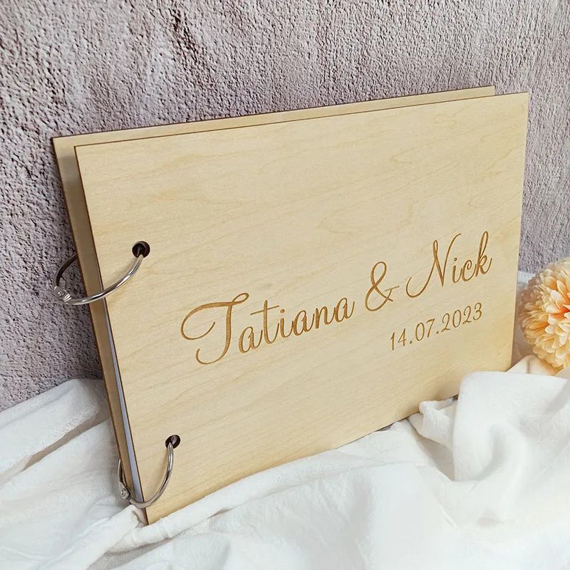 Custom Laser Engraved Name Date for Bridal Wedding Guest Boook A4 A5 Wooden Signature Book Elegant Horizontal Keepsake Book