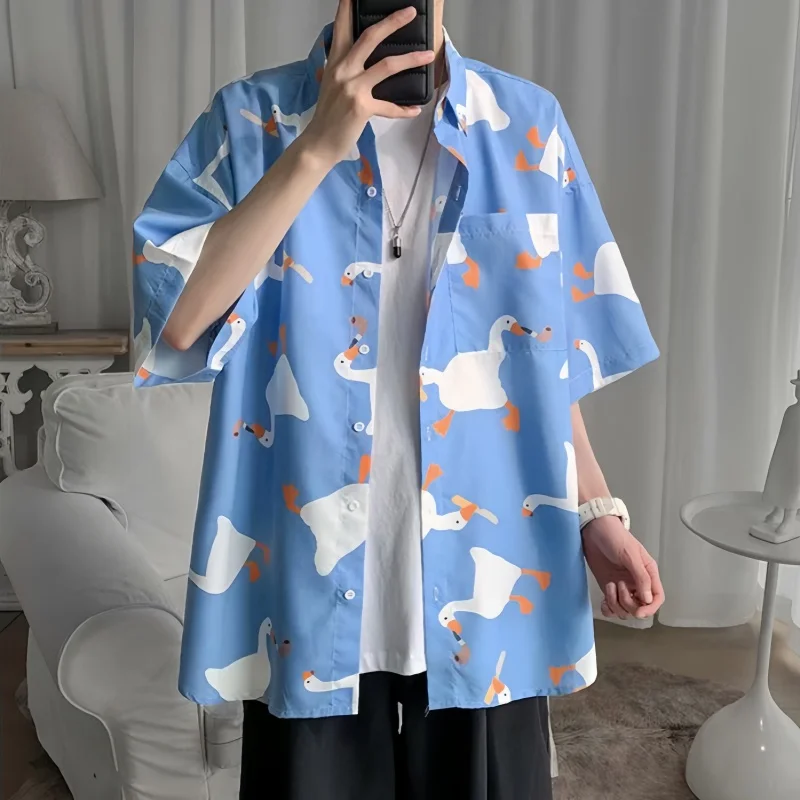 

Summer Men's Cartoon Goose Printed Short Sleeve Shirt Retro Hawaiian Beach Casual Loose Handsome Square Neck Half Sleeve Shirt