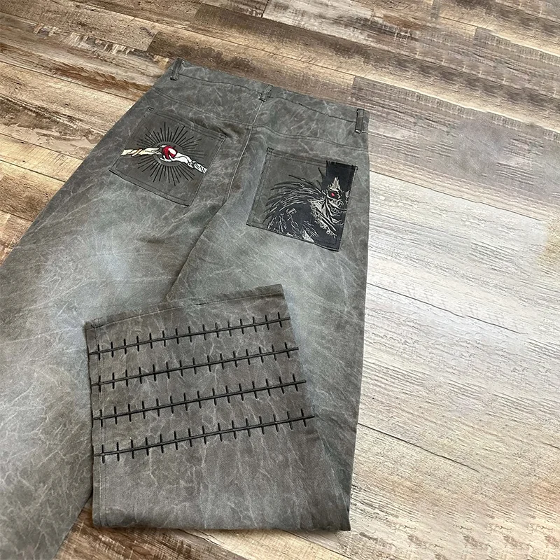 الرجعية مذكرة الموت أنيمي دور التصحيح التطريز المتعثرة غسلها مستقيم الساق الجينز Y2K أزياء الرجال النساء فضفاض الهيب هوب الشارع الشهير #1