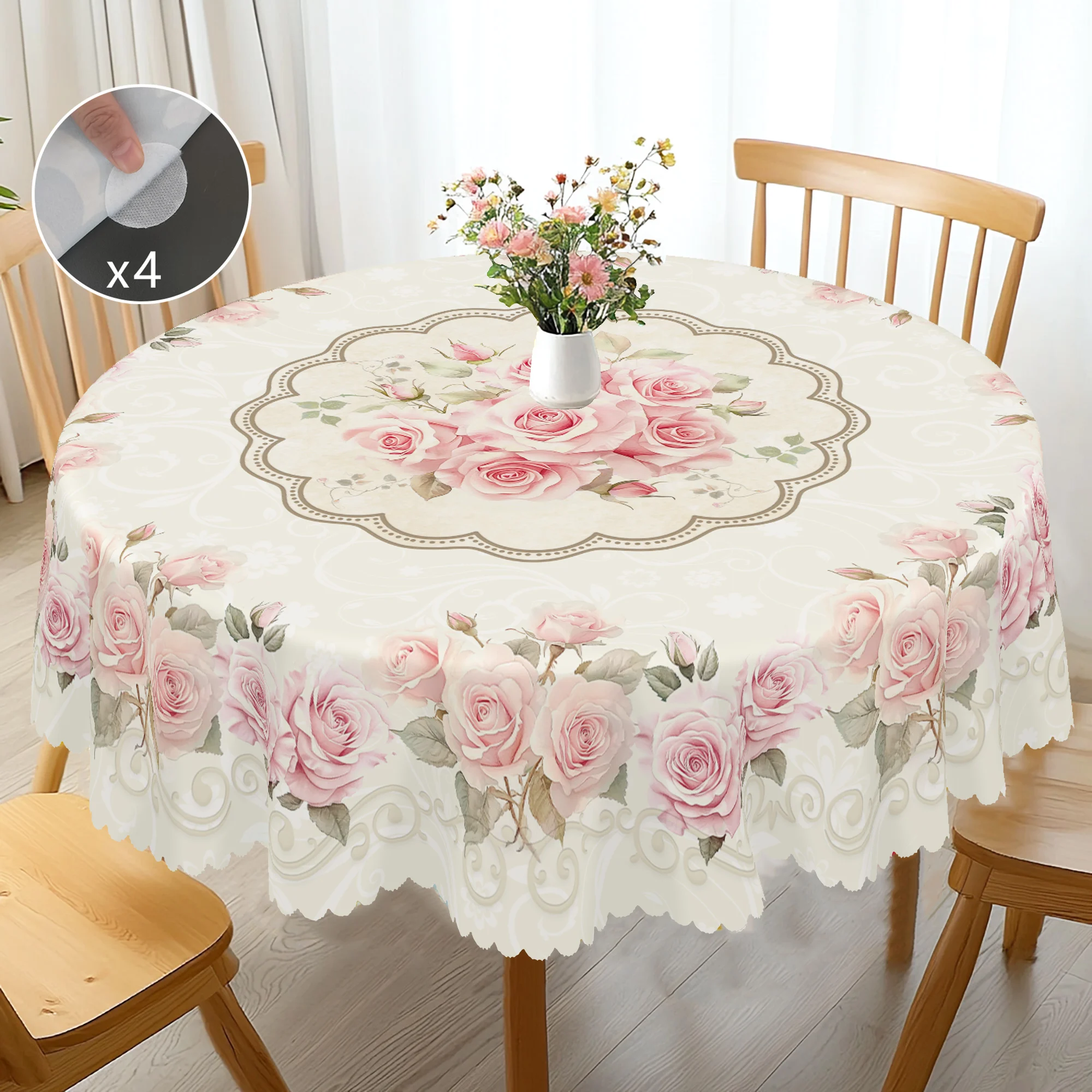 1 Piece Spring Round and Square Tablecloth + 4Pcs Self-Adhesive, 5 Sizes, Retro Rose Design Pattern Printed Decorative Tablecloth, Mother's Day/Memorative Party Flower Theme, Spring and Summer Decoration, Tablecloth for Home Kitchen, Picnic, Gift