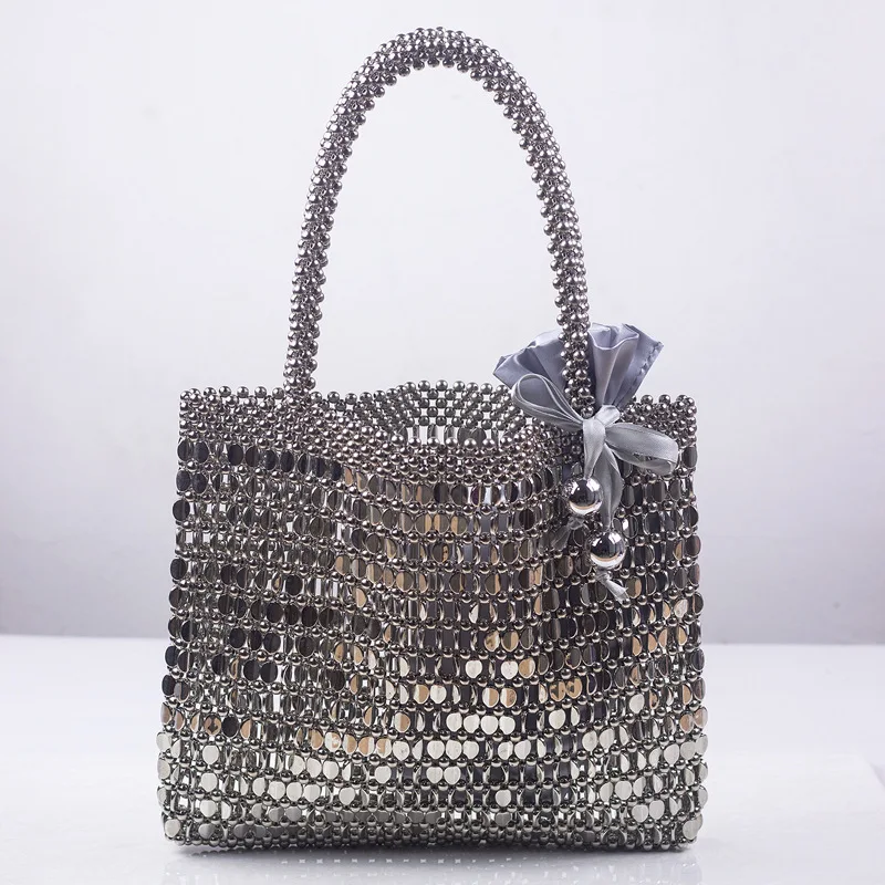 Women Punk Heavy Metal Totes Rock Silver Top-handle Bag Handmade Beaded Retro Pearl Bag Vintage Evening Party Mobile Phone Bag