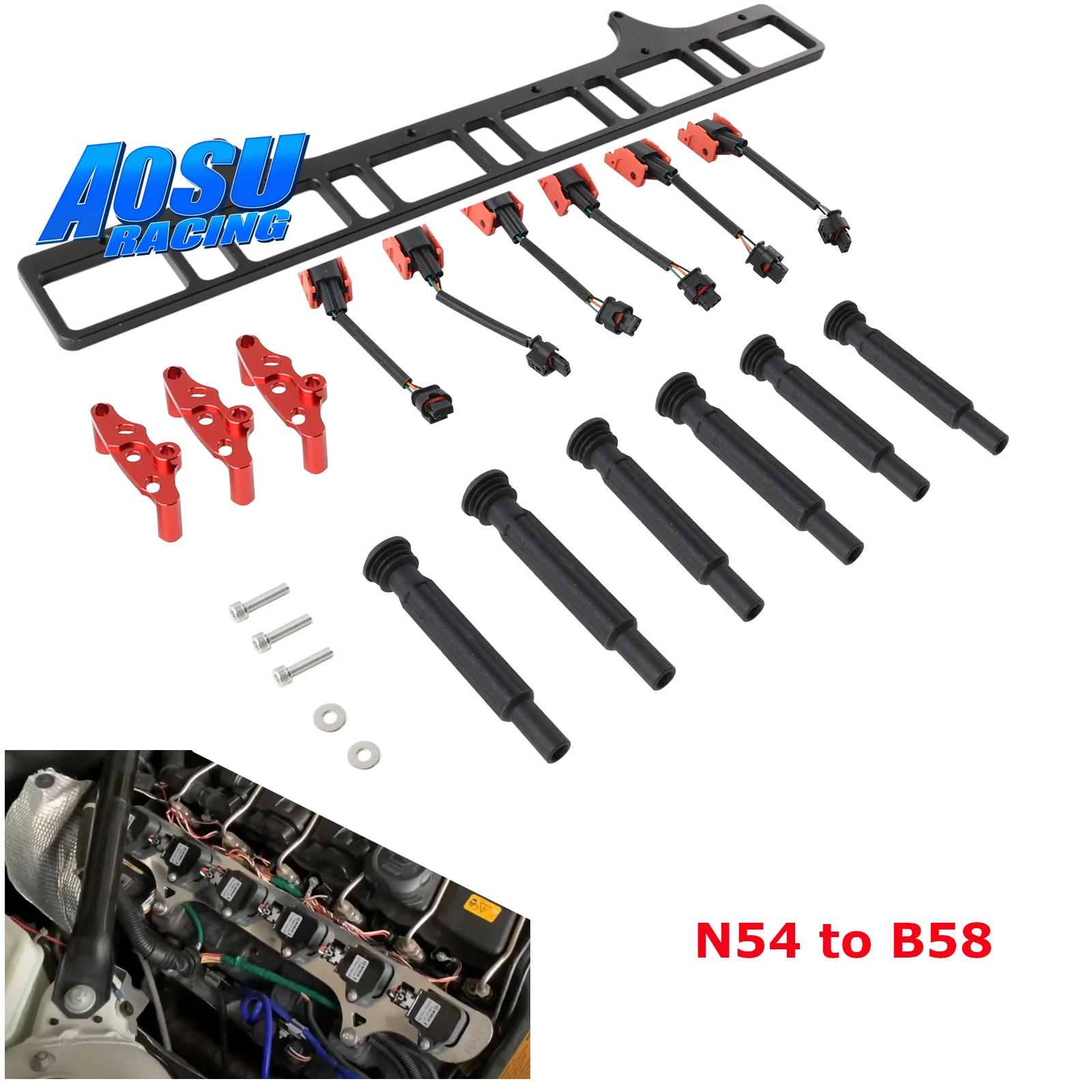 

Black N54 Coil Adapter Bracket to B58 Coil Conversion Plate Wire Harness Rubber Boots For BMW 335i xDrive L6 3.0L N54 Twin Turbo