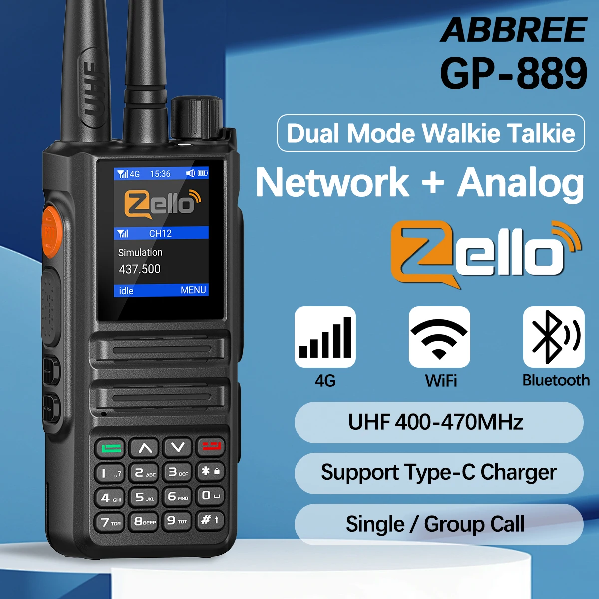 ABBREE GP-889 Dual Mode Network Radio Walkie Talkie ZELLO Global POC UHF Bluetooth WIFI 2G 4G Sim Card Android Type-C Ham Radio