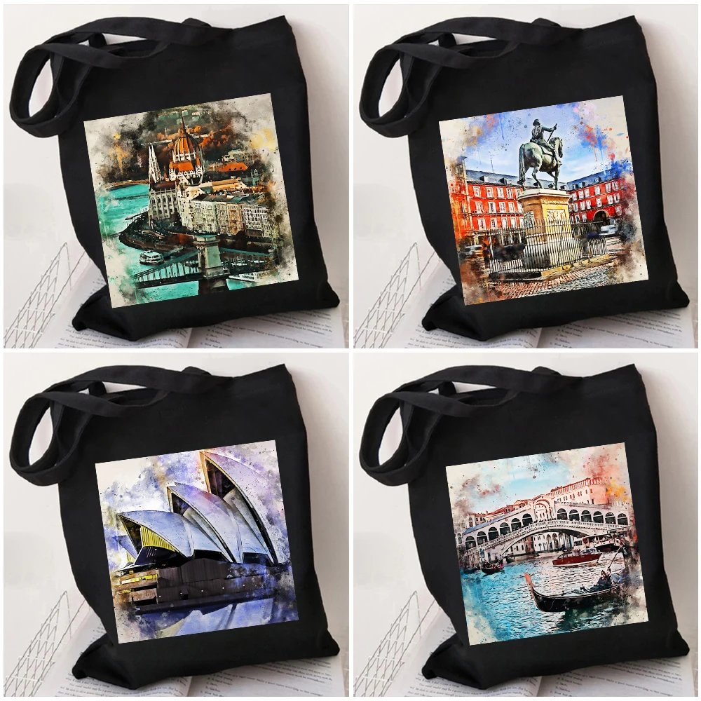 London Budapest Madrid Cairo Venice Sydney Tokyo Watercolor Women Girl Canvas Handbags Totes Eco Shopper Shopping Shoulder Bags