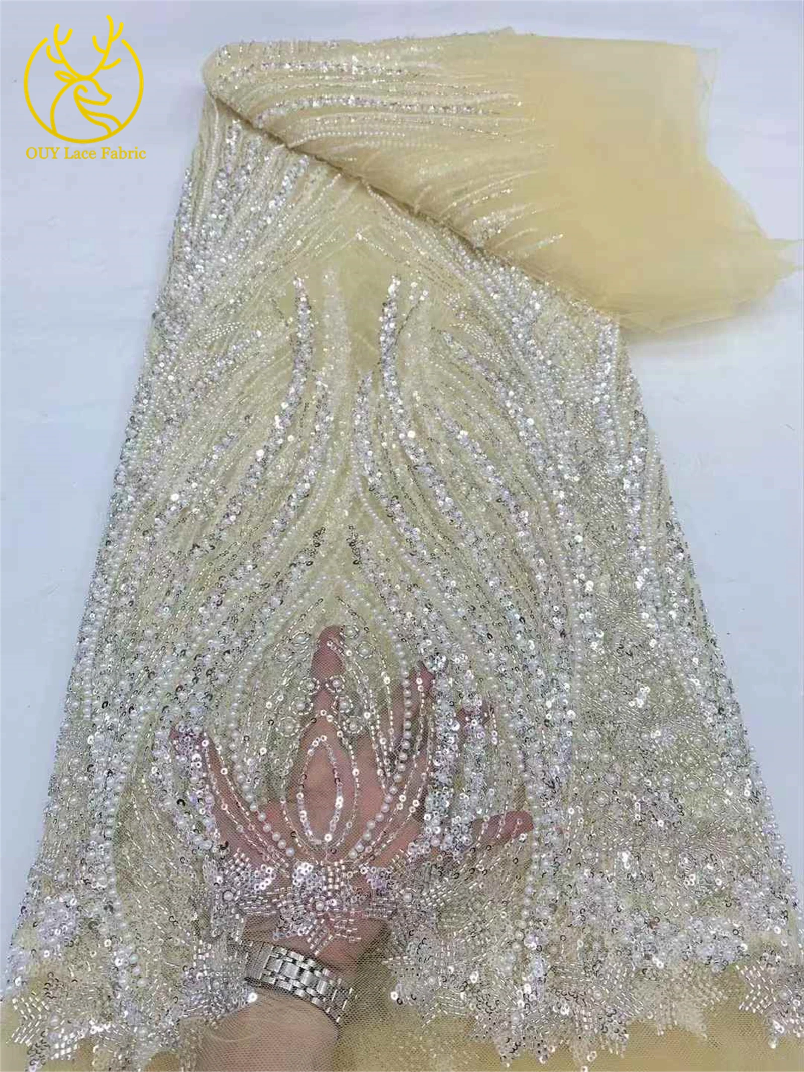 2025 Hot New High-end Luxury French Sequin Beaded Lace Fabric African Nigerian Groom Embroidery Fabric Wedding Material 5 Yards