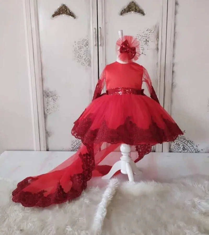 

Lace Red Flower Girl Dress for Wedding with Long Train Kid Birthday Evening Gown Big Bow Long Sleeve Christmas Outfit